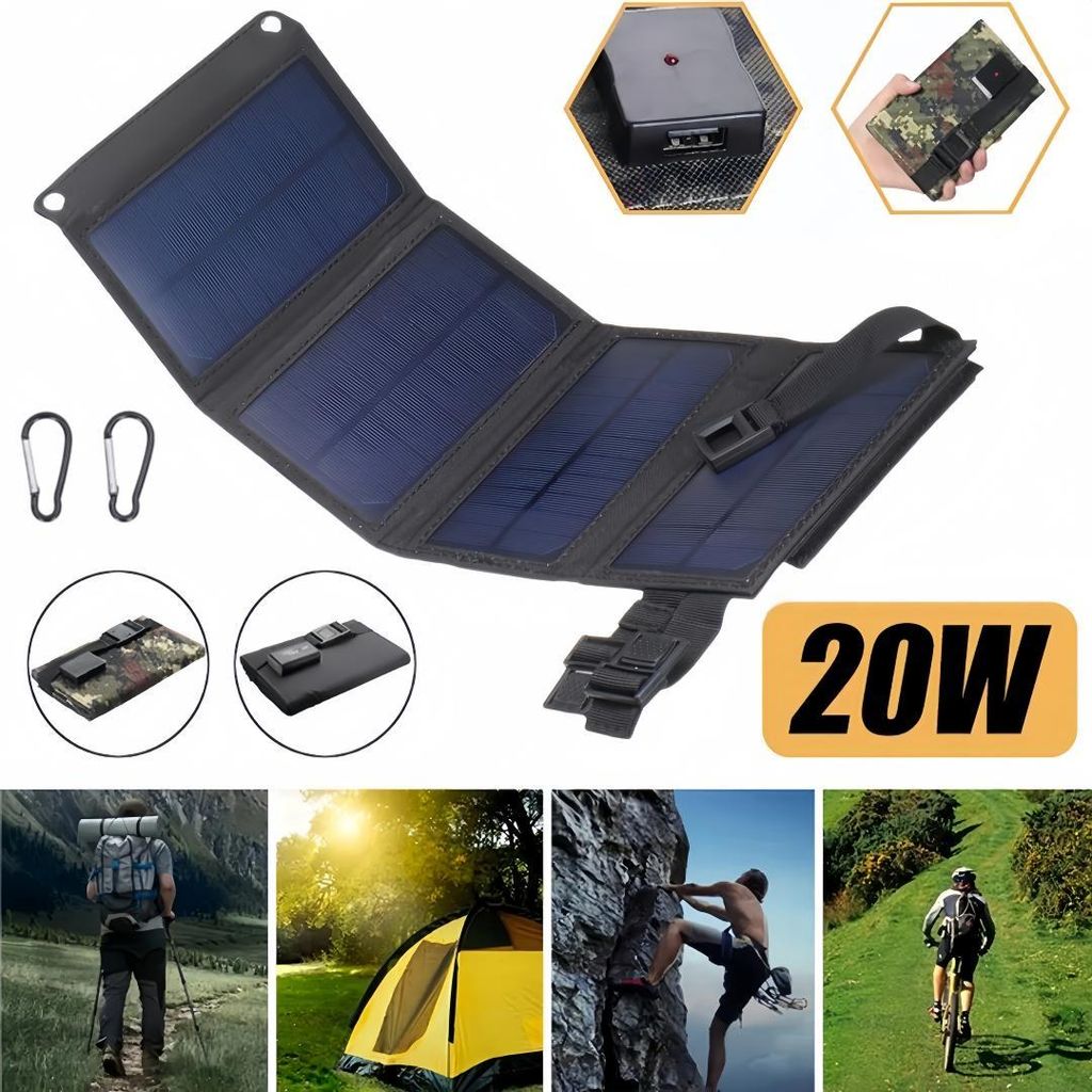 20W Tragbares Solarpanel, Outdoor Camping Wandern USB Solarpanel, Klappbare Sonnenkollektoren, Wasserdicht Solar Power Ladegeraet(Schwarz)