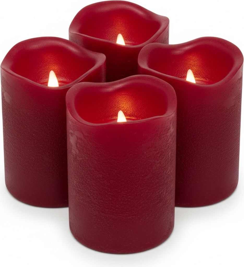 A set of four dark red LED candles with flickering flames.