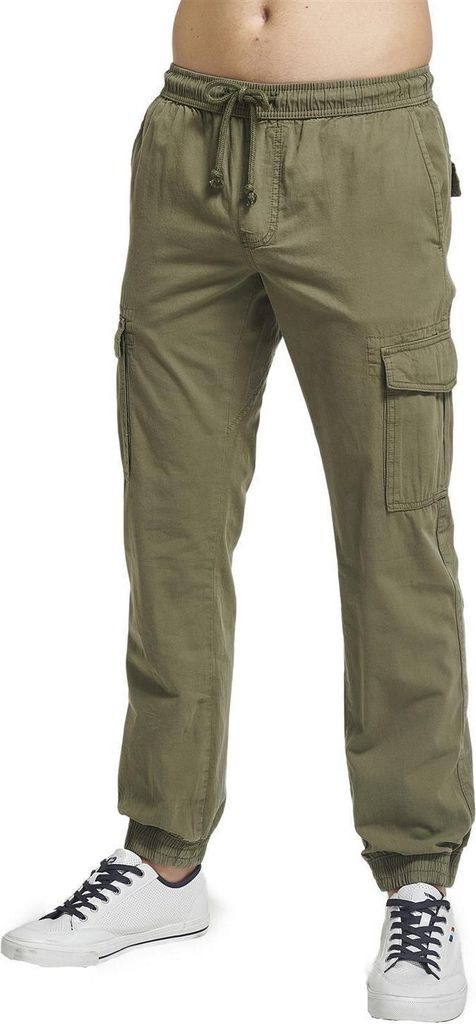 THE PEOPLE REP. Herren moderne Cargohose / Stoffhose mit seitlichen Taschen und Gummizug am Saum, Militarygrün, Gr. L (50)
