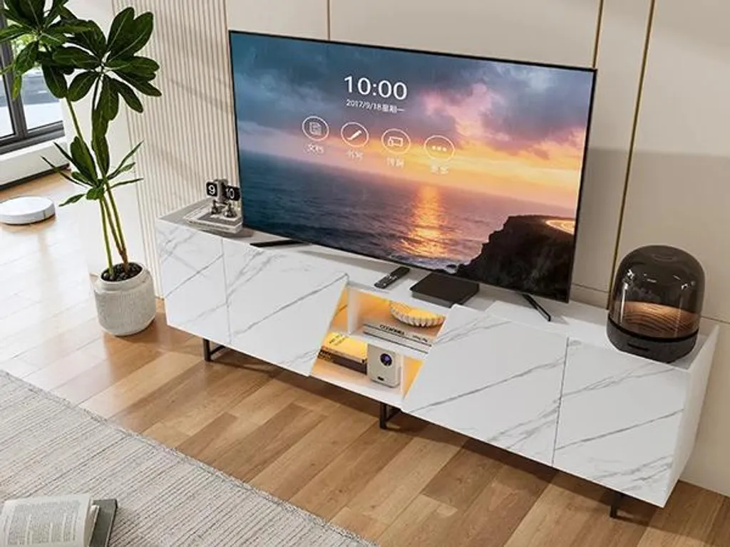 Banc TV blanc avec plateau effet marbre et 4 grands compartiments - 5