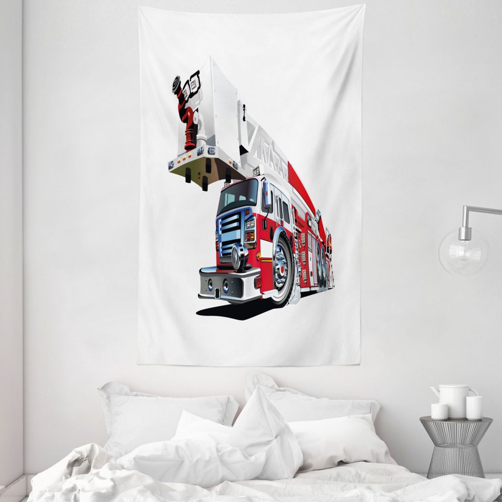 ABAKUHAUS LKW Wandteppich und Tagesdecke, 911 Notfall Feuerwehrauto aus Weiches Mikrofaser Stoff Waschbar ohne Verblassen Digitaldruck, 140 x 230 c...