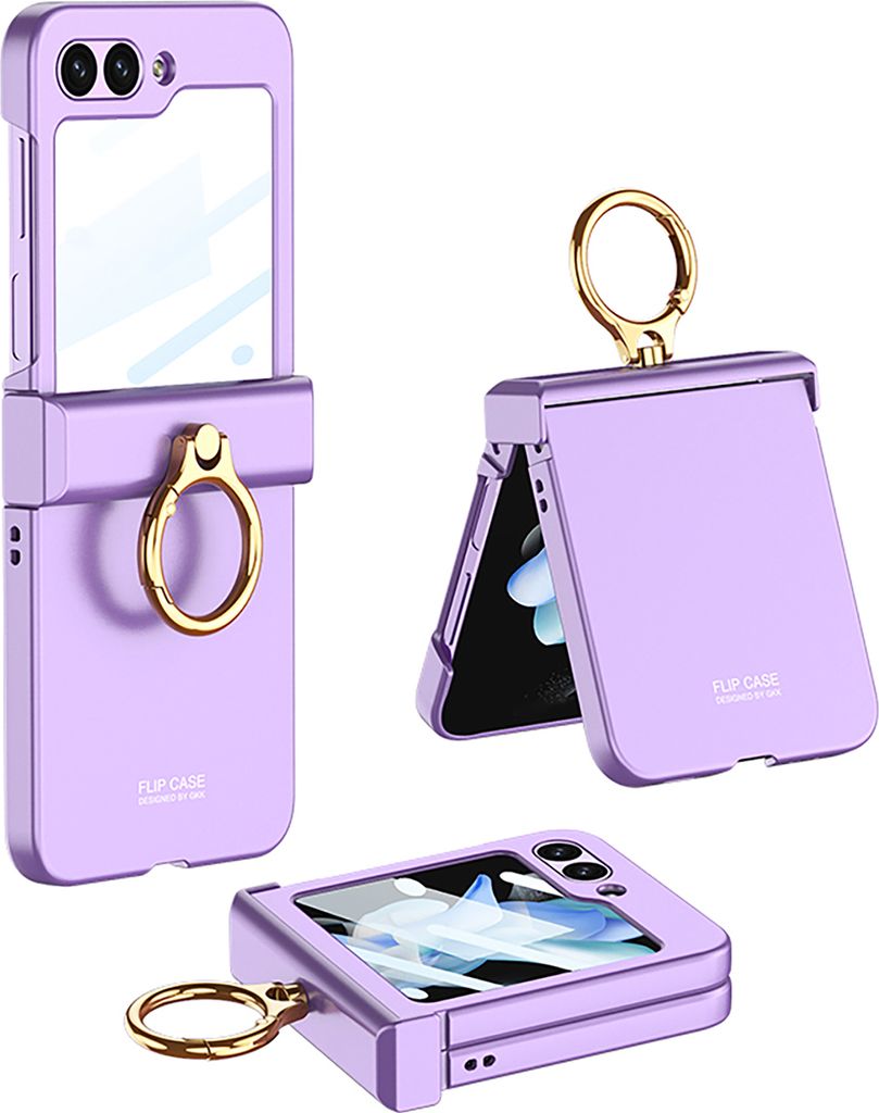A collage of three images showing a purple flip phone case with a gold ring stand from different angles.