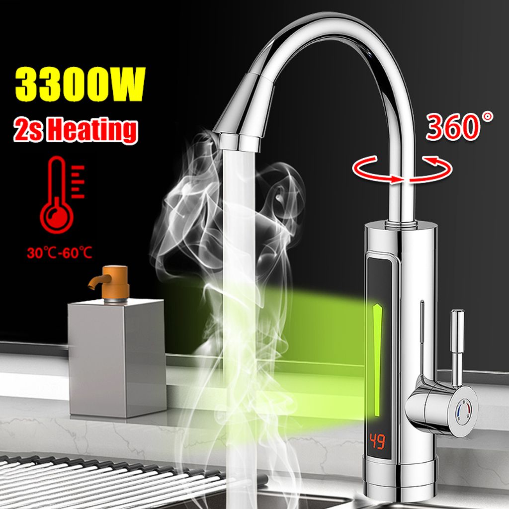 3300W LED Elektrisch Durchlauferhitzer Wasserhahn Bad Küche Armatur ABS DE
