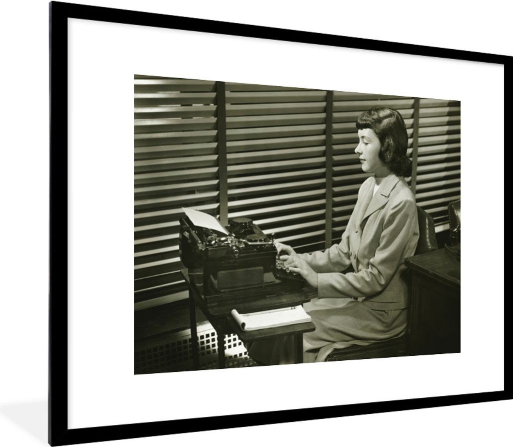 MuchoWow MuchoWow Gerahmtes Poster Schreibmaschine - Vintage - Schwarz - Weiß 80x60 cm - Poster mit zchwarzem Bilderrahmen - Schlafzimmer-Deko...