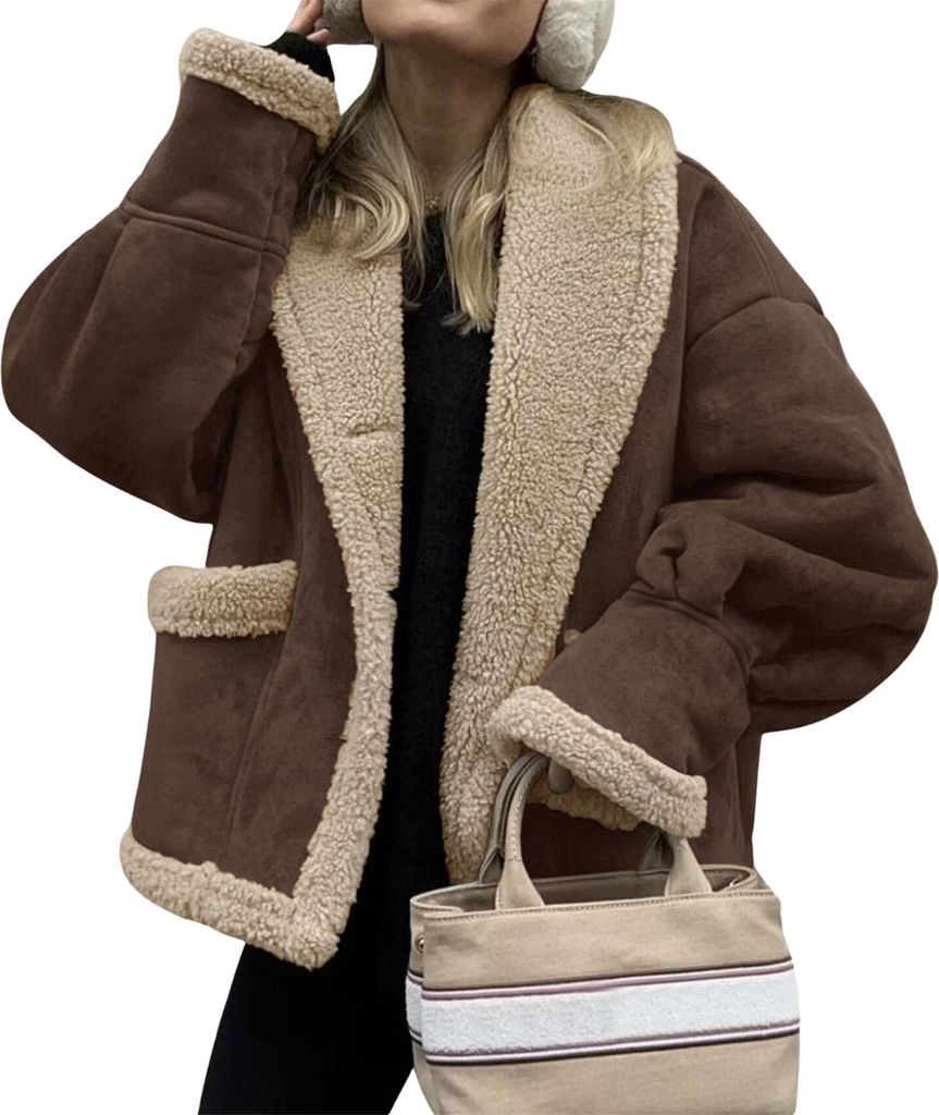 ASKSA Damen Oversized Fleecejacke Winterjacke Sherpa Futter Warm Knopfleiste Revers Kurz Jacke Vintage Faux Wildleder Mantel Plueschjacke (Dunkelbr...