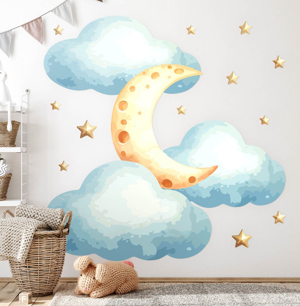 Mondwolken Himmel – Wandgestaltung – Wandbilder Kinder – Motivtapeten Set – Wanddekor Kinderzimmer – Selbstklebende Wandsticker – 100x1...