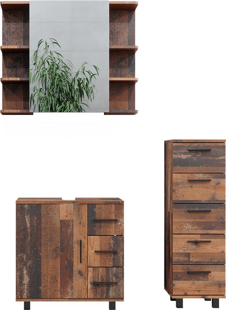 Badmöbel-Set Vicco Ilias Eiche rustikal 3 Teile, mit Midischrank, Model 40494