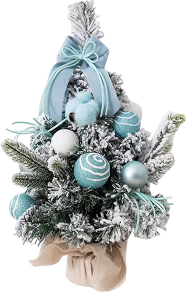Schneebedeckter Mini-Weihnachtsbaum, kleiner künstlicher beflockter Tischbaum mit Kugeln, Schleife und Stoffbeutelbasis für die Schreibtischdekor...