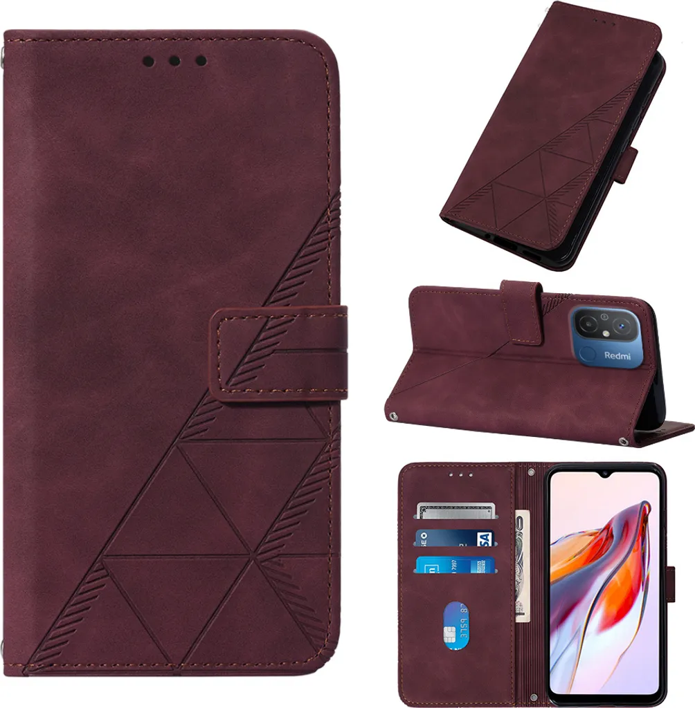 Custodia in pelle flip per Xiaomi Redmi 12C /Poco C55 custodia design portafoglio con goffratura, porta carte e supporto rosso