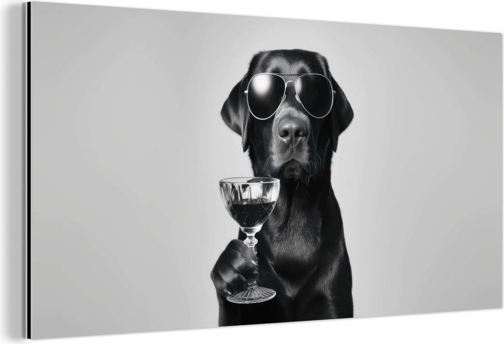 MuchoWow Wanddekoration Metall Metallbild Wandkunst 40x20 cm Hund - Schwarz - Weinglas - Sonnenbrille MuchoWow Aluminium Gemälde - Bild - Aluminium