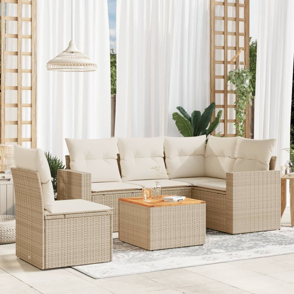 Design 6-tlg. Garten-Sofagarnitur mit Kissen Beige Poly Rattan, Gartenmöbel-Sets 2024 Neu