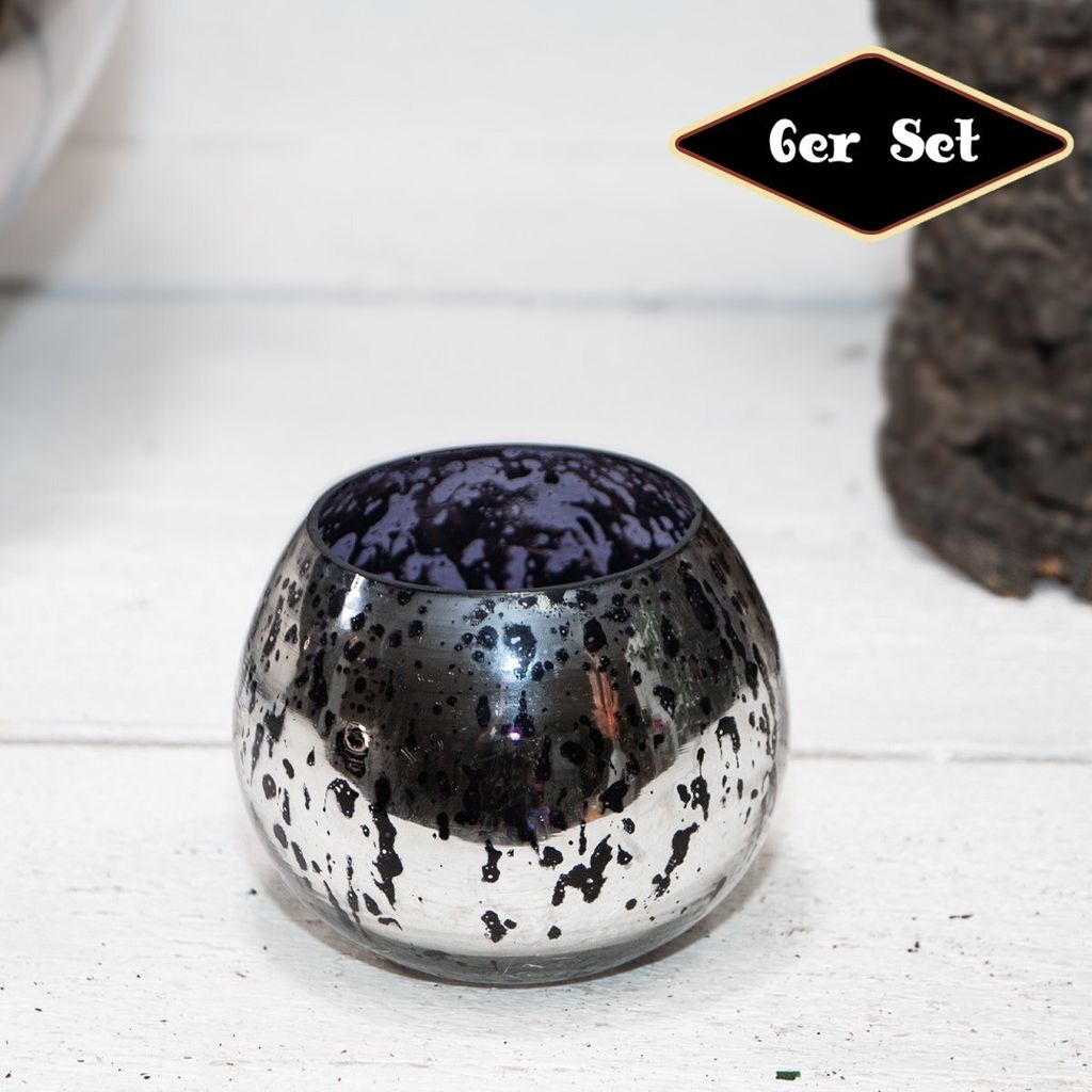 Teelichtset, 6er, Chabby Chic | Glas, Silber-Schwarz | H 7,0 x B 10,0 cm