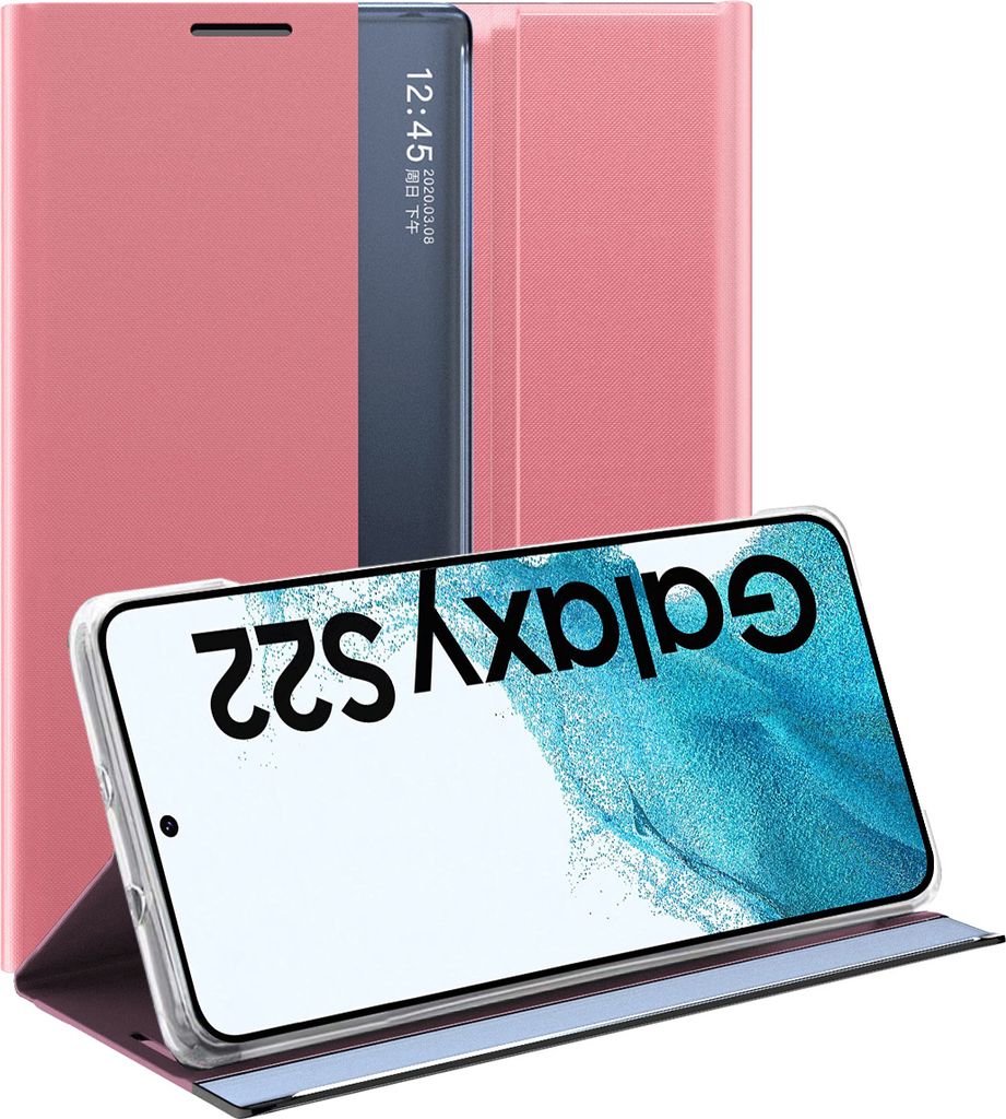 Samsung Galaxy S22 5G Hülle, Slim Flip Leder Smart View Window Klappetui Schutzhülle mit Standfunktion für Galaxy S22 5G Rosa