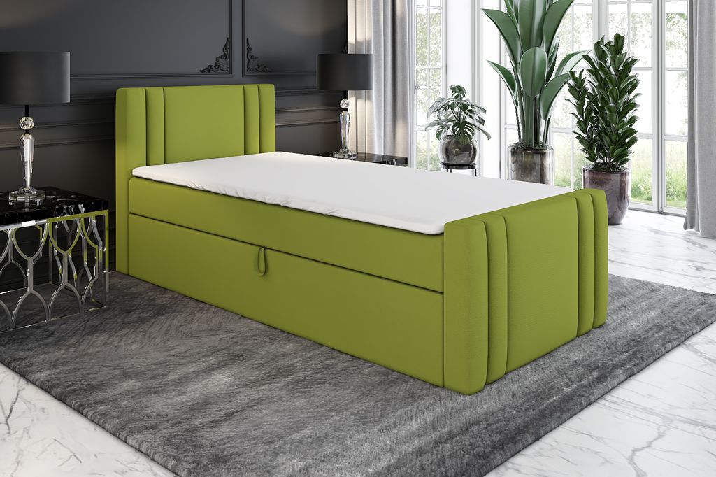 Boxspringbett, Jugendbett KLAUS 80x200 (Rechts) mit Bettkästen, Bonell-Matratze und Topper. Farbe: Grün.