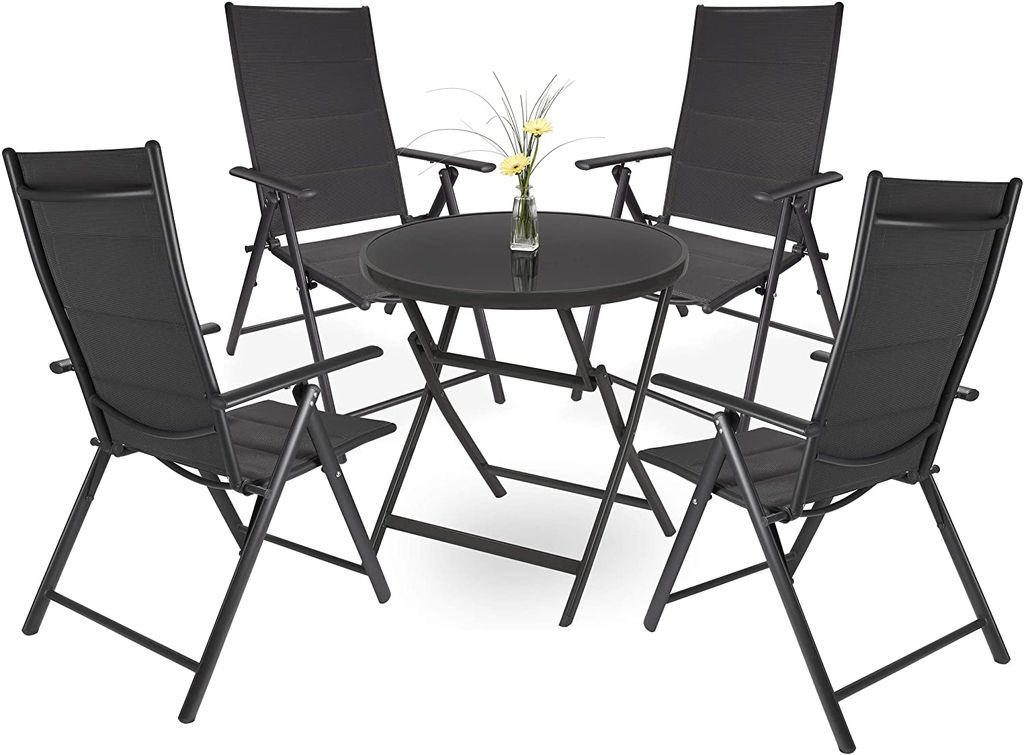 Brubaker Garten Sitzgruppe Riva - 1 Glastisch Klapptisch rund 70 cm Ø mit 4 Hochlehner Stühlen - Wetterfest - Anthrazit