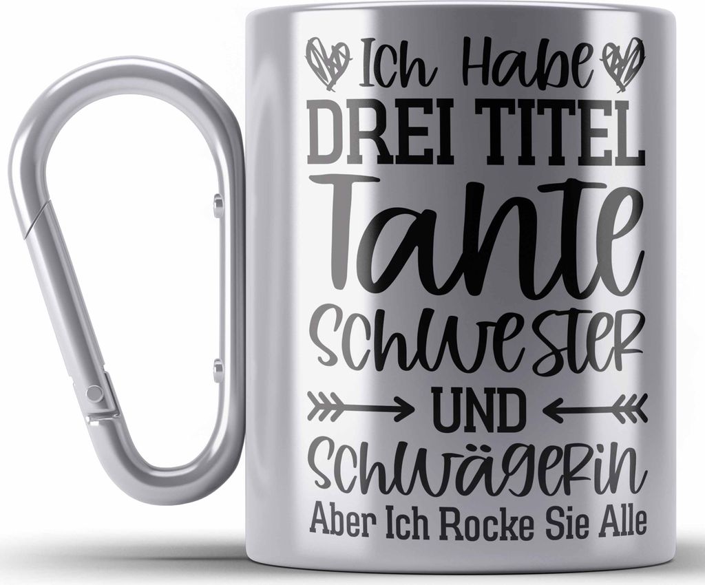 Trendation - Beste Tante Geschenk Edelstahl Tasse Karabiner mit Spruch für Tante Weihnachten Lieblings Schwester Tante Schwägerin (Silber)