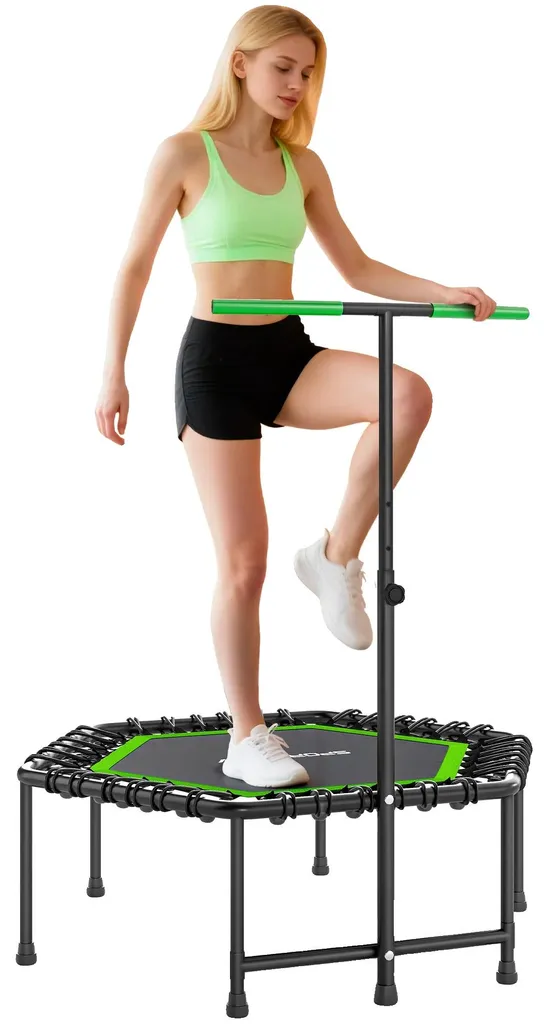Mini trampoline de sport vert et barre de maintien pour cardio training