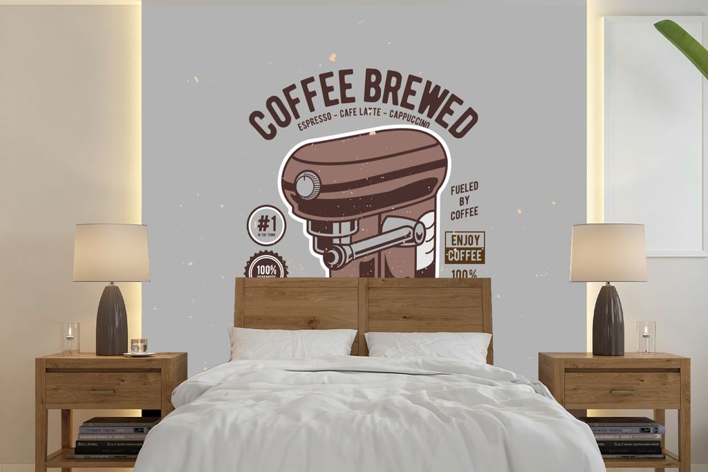 MuchoWow Fototapete für Wohnzimmer oder Schlafzimmer Wandtapete Vinyl Motivtapete Kaffeemaschine - Tasse - Retro - Zeichnung - 220x220 cm - Tapeten