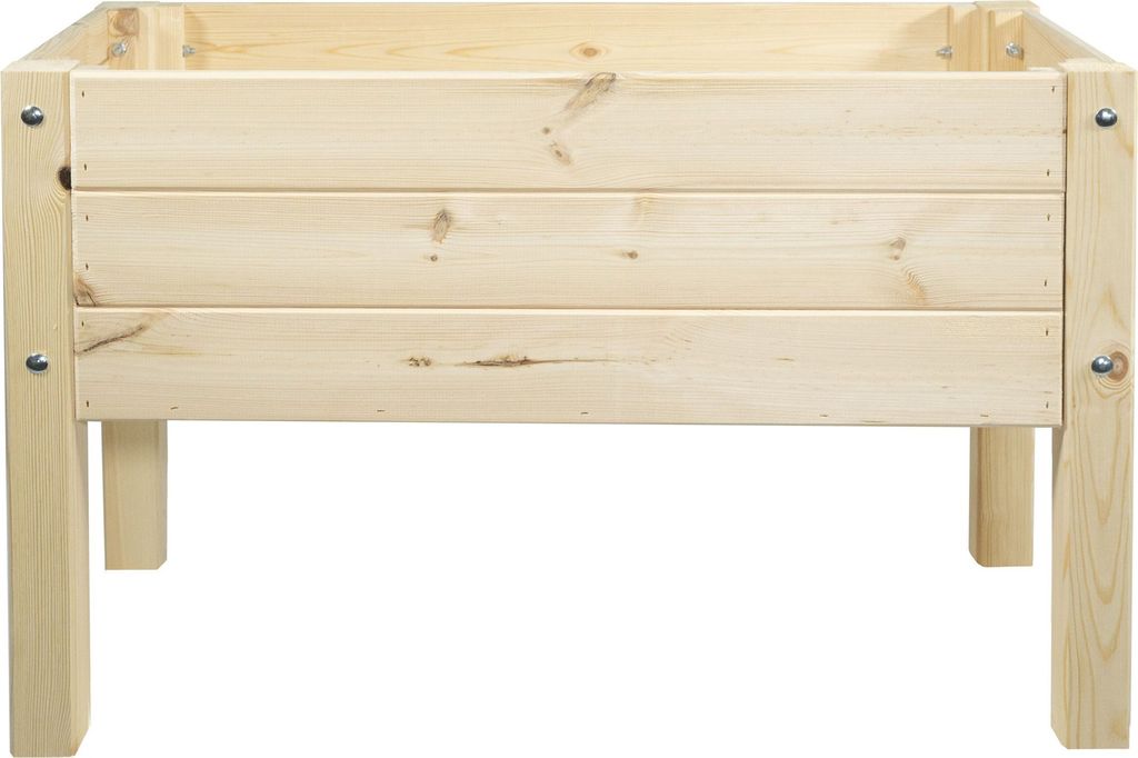 A front view of a wooden raised garden bed on a white background.