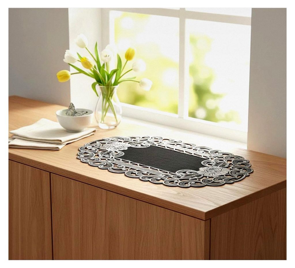 Grau Platzset Tischläufer Tisch-Deckchen Leinen-Optik mit Blumenstickerei Set (ca. 30x45 cm oval)