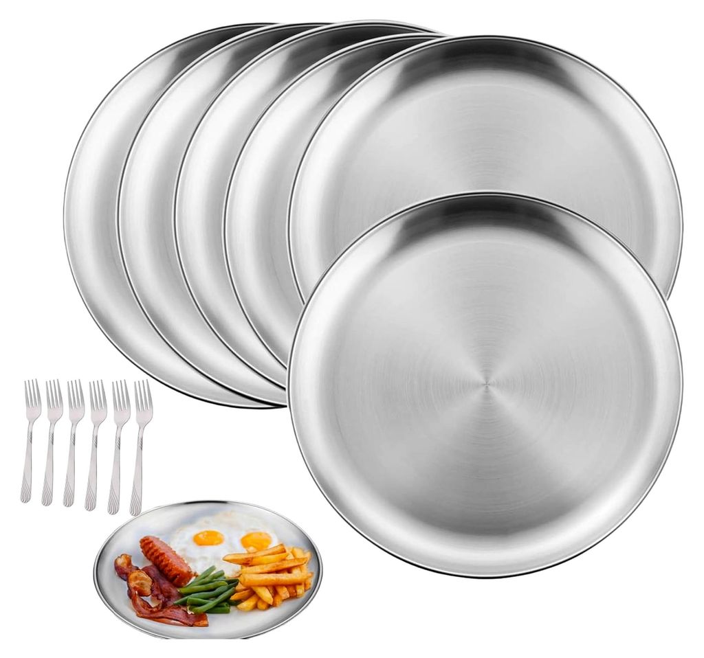 6 Edelstahl Teller 20cm + 6 Grillgabel Set – Camping Geschirr & Edelstahl Platten für Küche, Gartenparty & Outdoor