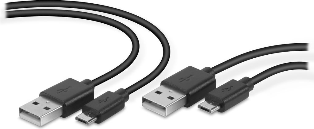 Two black USB cables with USB-A on one end and micro-USB on the other are shown against a white background.