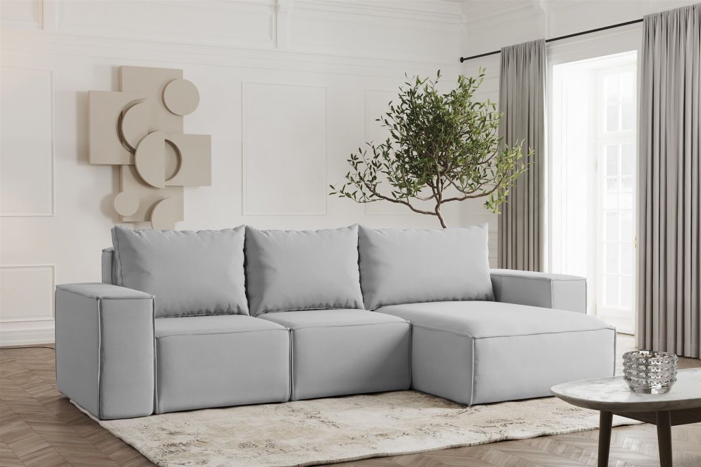 Ecksofa Designersofa ESTELLE in Stoff Opera Velvet Hellgrau Ottomane Rechts