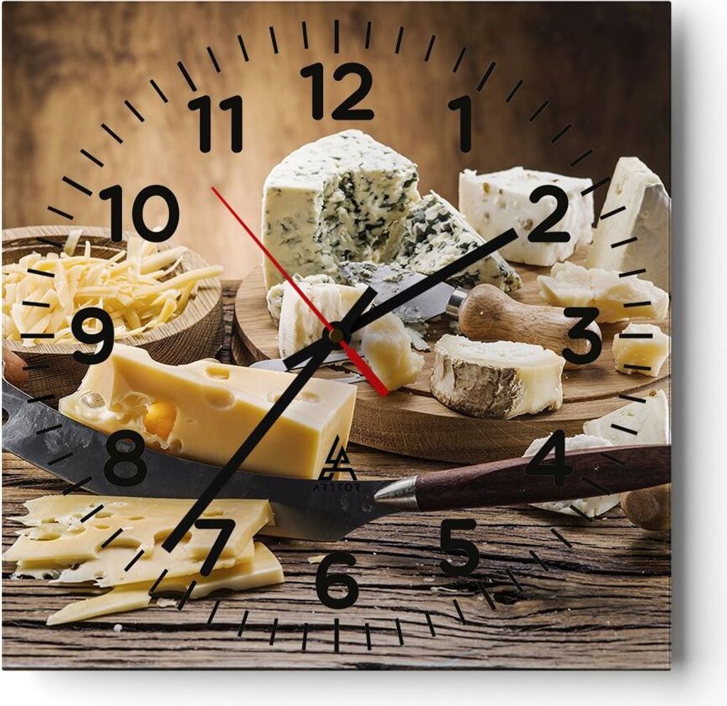 Wanduhr - Quadrat - Glasuhr - Käse Schreibtisch Essen Essen - 30x30cm - Schleichendes Uhrwerk - Lautlos - zum Aufhängen bereit - Dekoration Moder...