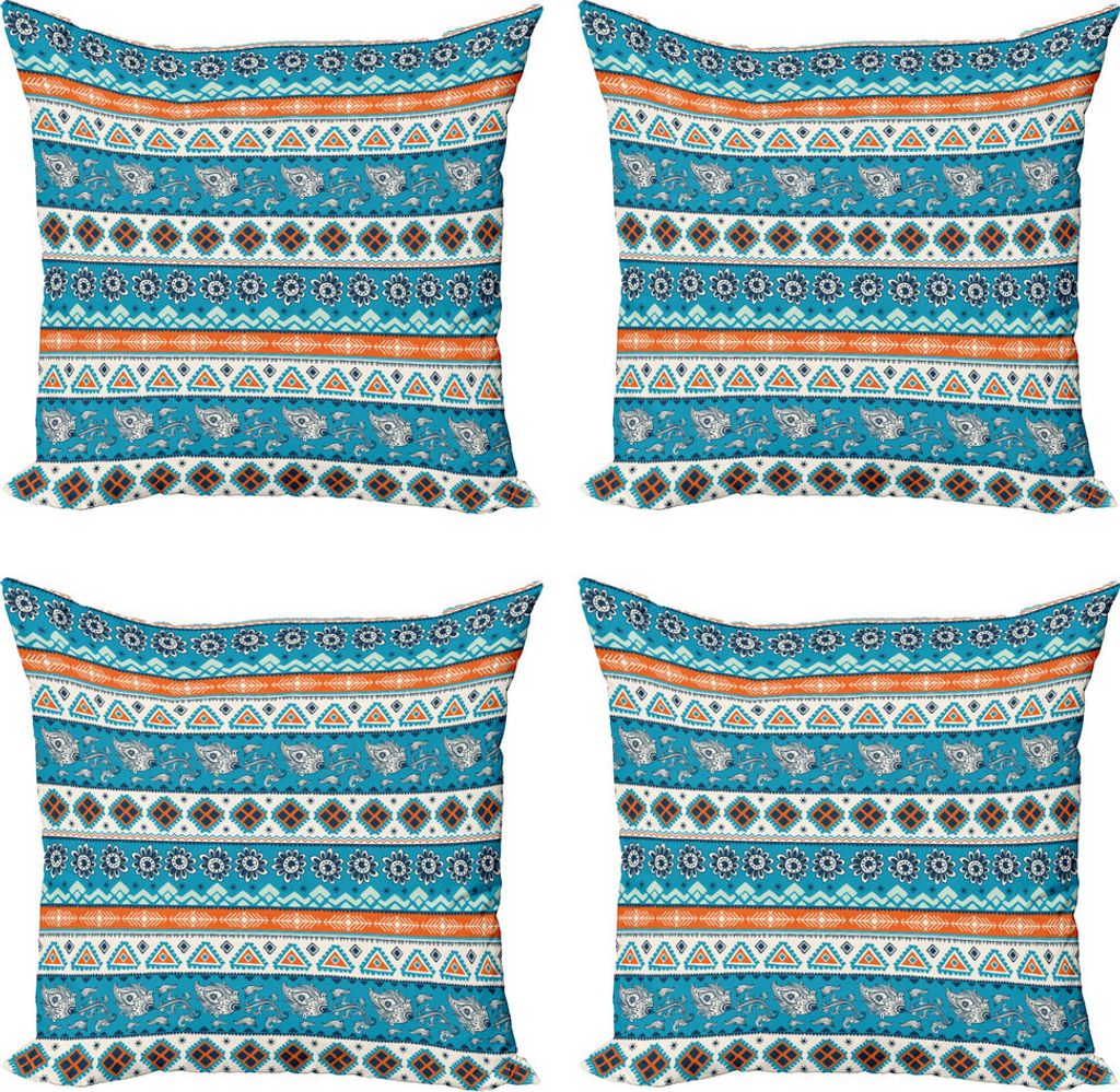 ABAKUHAUS Stammes Kissenbezug Set (4 Stück), Floral Aztec Kunst-Muster, Moderner Doppelseitiger Digitaldruck, 50 cm x 50 cm, Blau Orange und Weiß