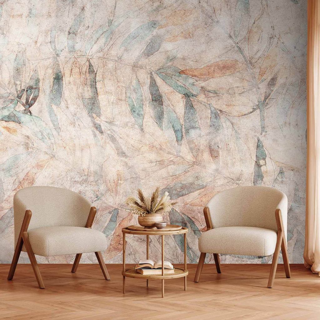 Selbstklebende Folie Fototapete - Greek laurels - faded composition with leaves on a beige patterned background 294x210 cm Blätter b-A-10166-a-a