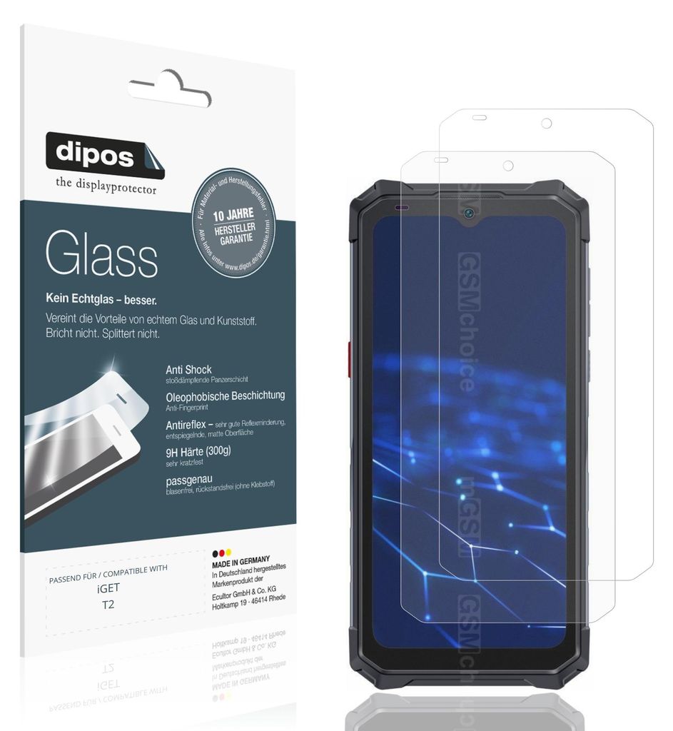 2x Schutzfolie für iGET T2 matt - Anti-Shock 9H Folie dipos Glass Kunststoffglas