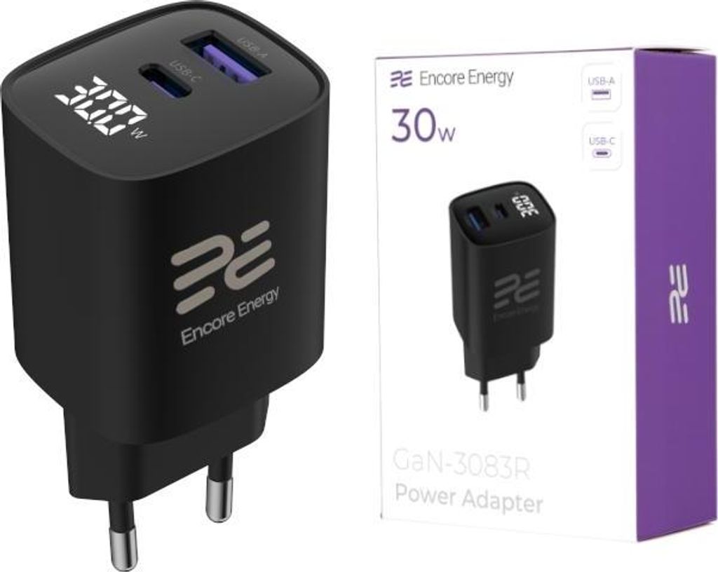Netzladegerät 30W GaN QC 4 PD 3.0 USB-A USB-C mit Display Encore Energy GaN-3083R