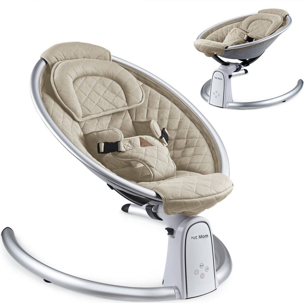 Hot Mom Babywippe elektrische Babyschaukel mit 5 Stufen schaukelfunktion, Baumwolle Babywiege mit Musik durch Bluetooth, 2022 Style (Beige)