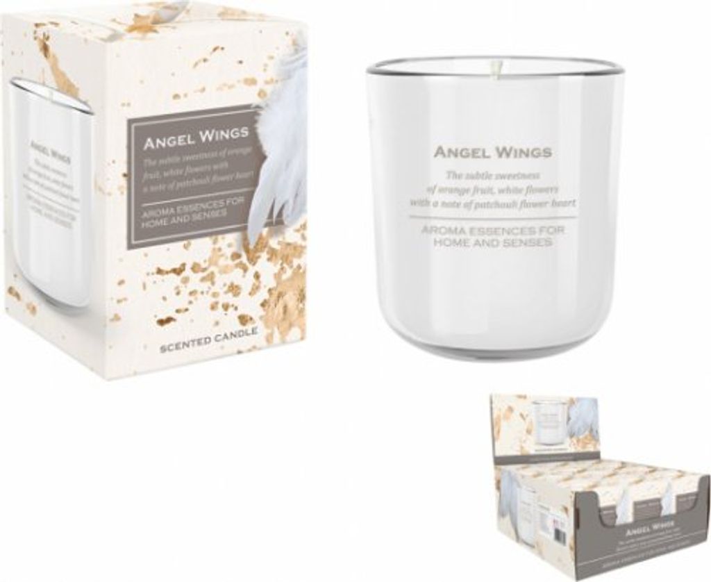 A product shot showing a scented candle and its packaging, along with a display box of the candles.