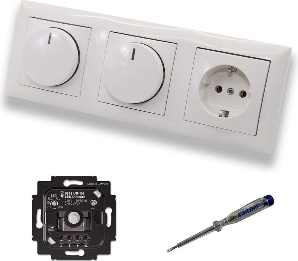 Busch Jäger 6523UR-103 (2 x) LED Drehdimmer Dimmer + Dimmerscheibe 2115-914 und Steckdose 20EUC-914 in Balance Si alpinweiß glänzend inklusive E...