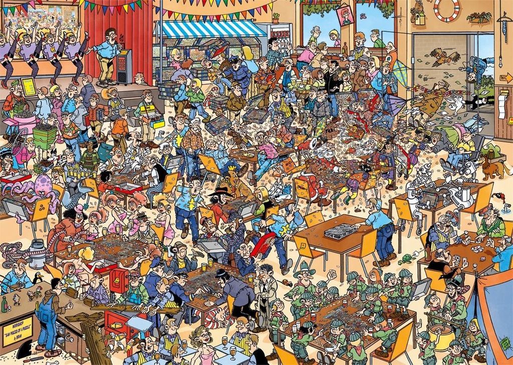 A busy scene of people gathered at tables, possibly at a competition or event, with many details and characters.