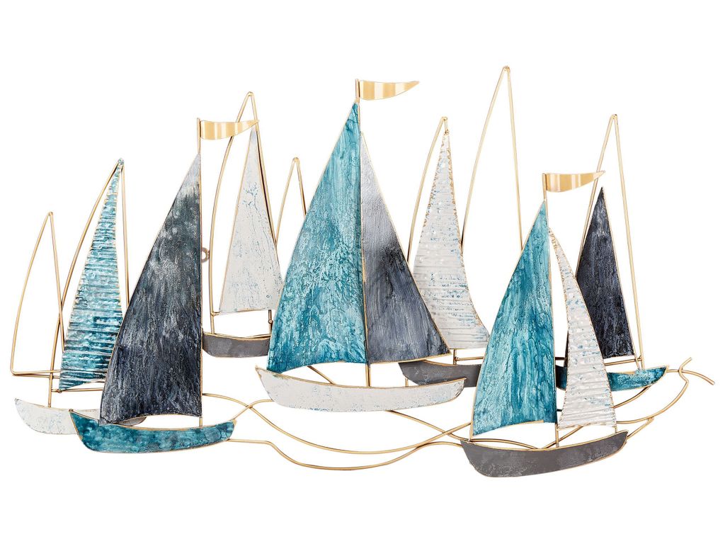 BELIANI Wanddekoration Blau u. Gold Eisen Segelschiffe Meereswellen Einteilig Handgemacht Modern Wandobjekt Schlafzimmer Wohnzimmer Flur Esszimmer