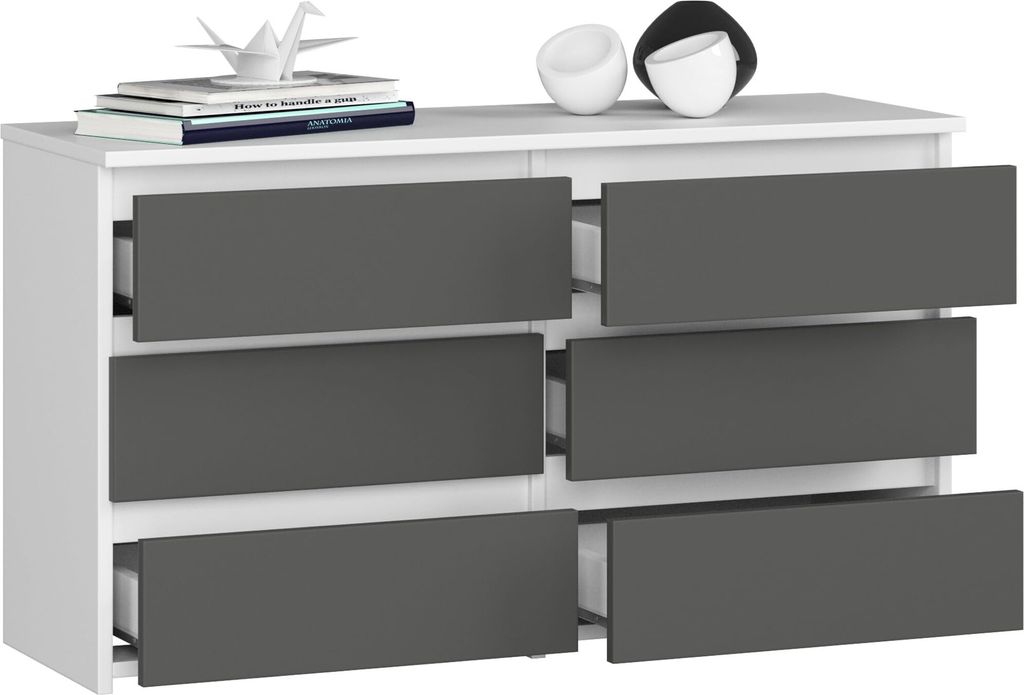 BDW, Kommode, 6 Schubladen, 100x57, Schrank, Sideboard, Wiess / Grau