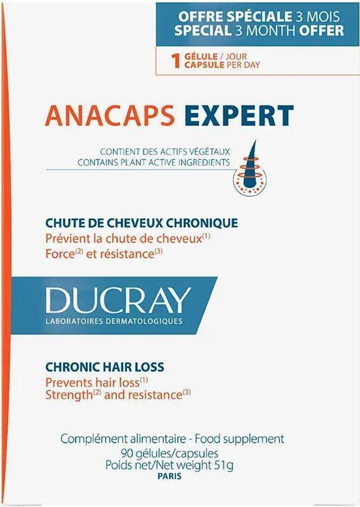 The image shows the packaging of Ducray Anacaps Expert capsules.