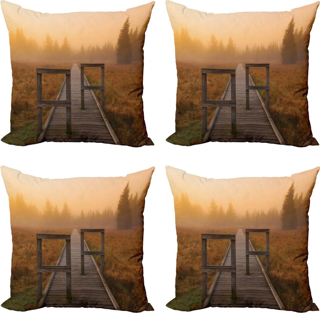 ABAKUHAUS Natur Kissenbezug Set (4 Stück), Foggy Day Fall Forest, Moderner Doppelseitiger Digitaldruck, 60 cm x 60 cm, Orange Braun