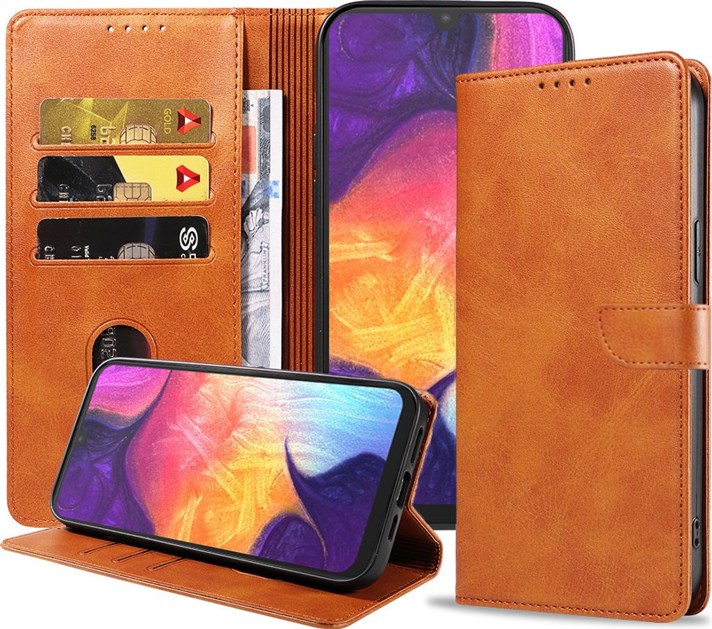 Geschikt voor Samsung Galaxy A50 Telefoonhoesje Kunstleer met Magnetisch lipje en Pasjeshouder Book Case met Klepje - Bruin - Smartphonica