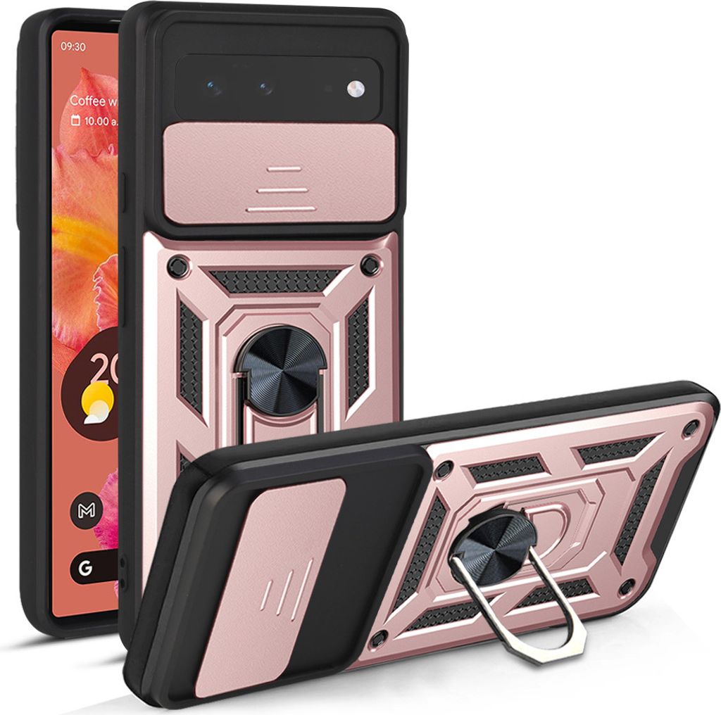 Google Pixel 6 Hülle mit 360° Drehbarer Magnetische Ring Ständer Halter Dia Kameraschutz TPU Bumper Silikon Schutzhülle für Google Pixel 6 Rosa