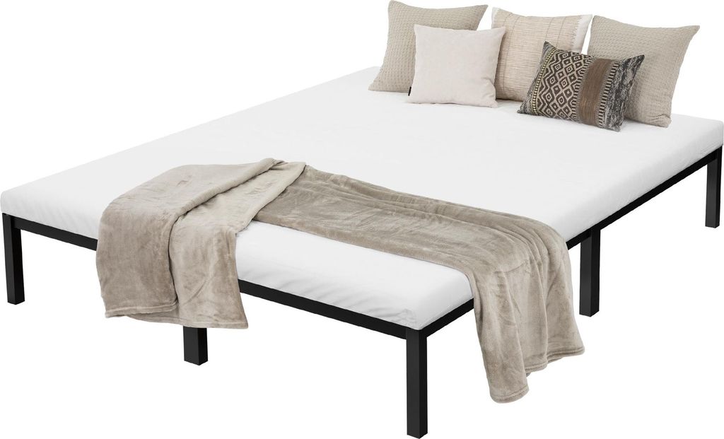 A bed frame with a mattress, pillows, and a blanket.