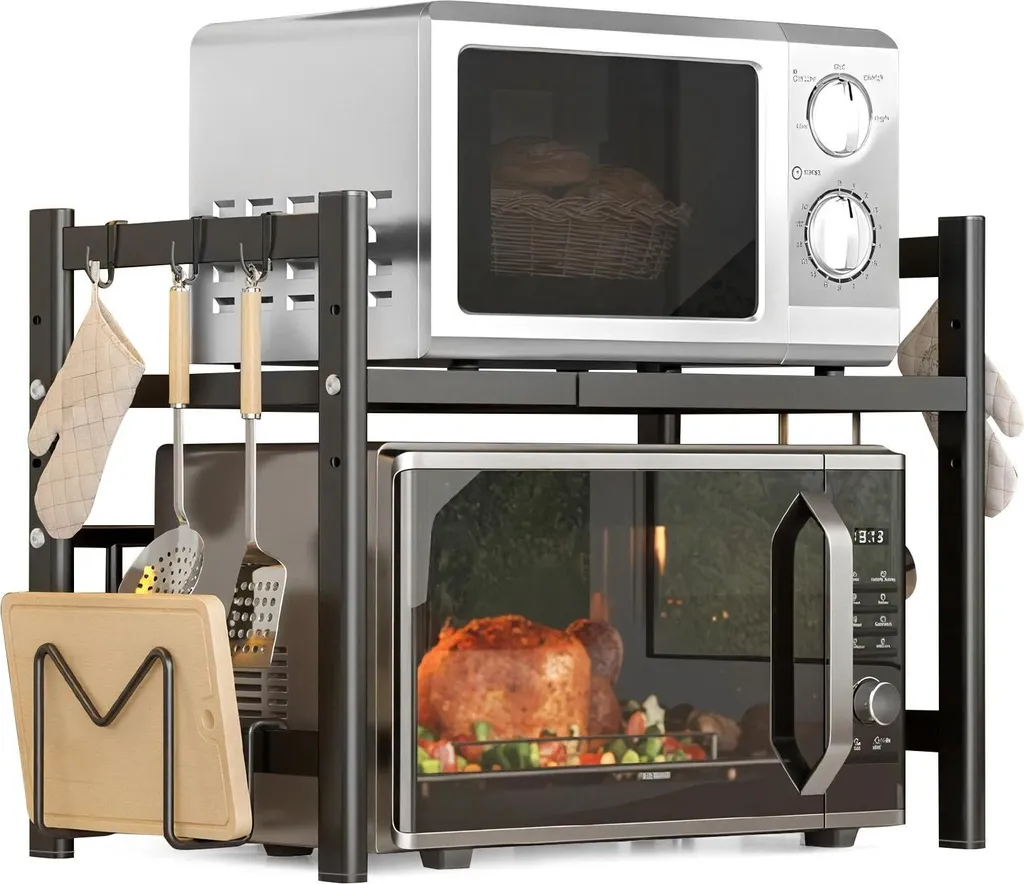 Étagère micro-ondes réglable en métal noir robuste pour cuisine 60cm