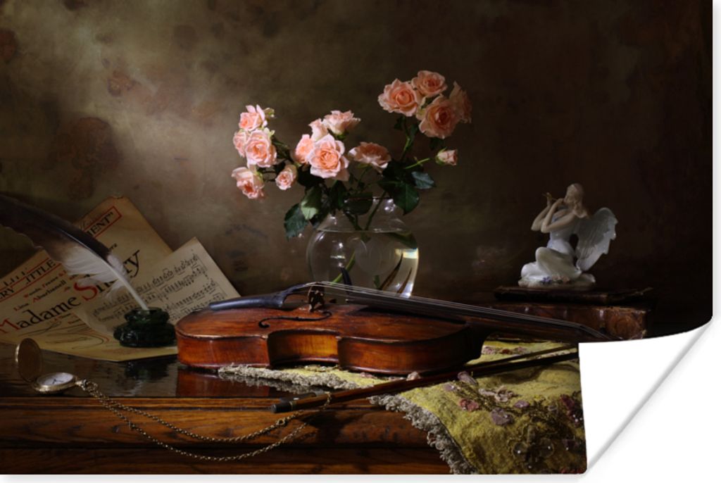 MuchoWow Poster Violine - Rosen - Rosa - Blumen - Stilleben 90x60 cm - Schlafzimmer