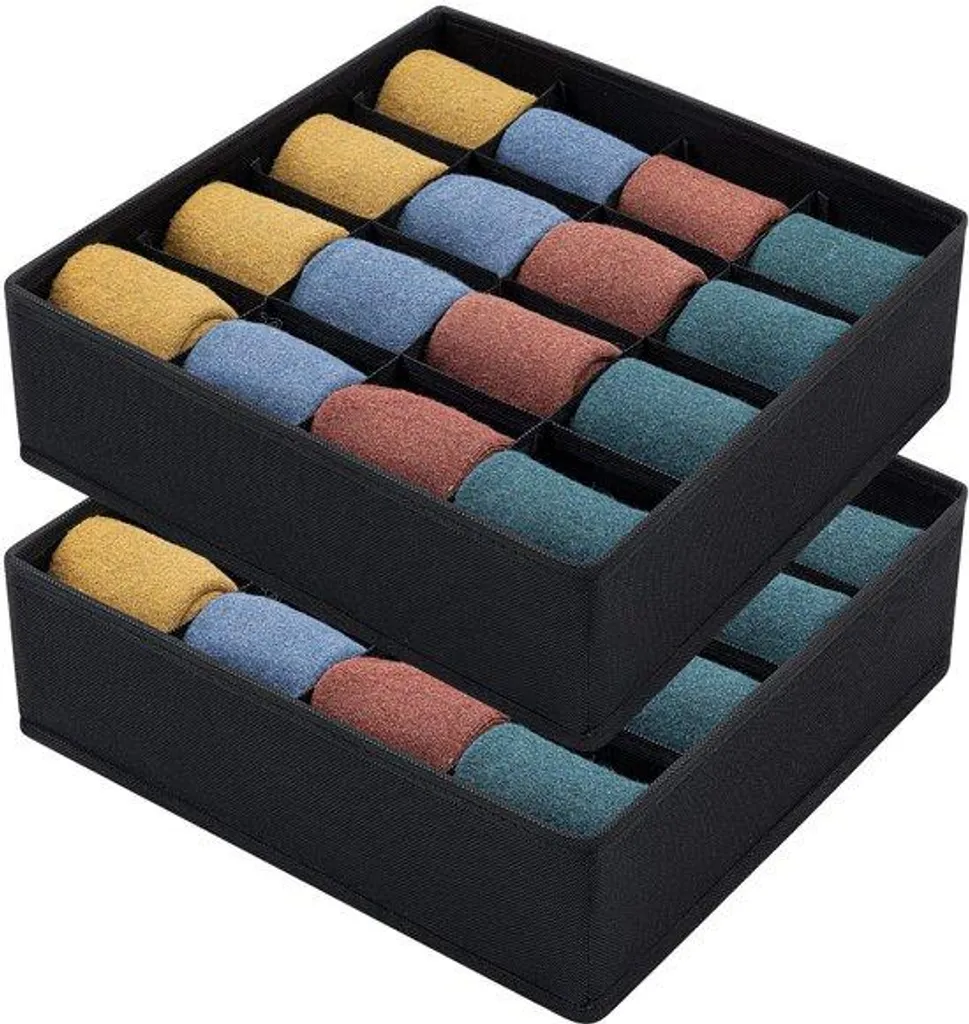 Boîtes pour ranger chaussettes et accessoires, lot de 16 en tissu noir mat