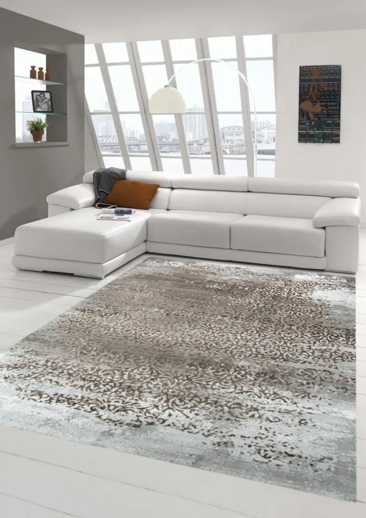 Tapis de salon vintage beige et gris - Grand tapis rectangulaire design