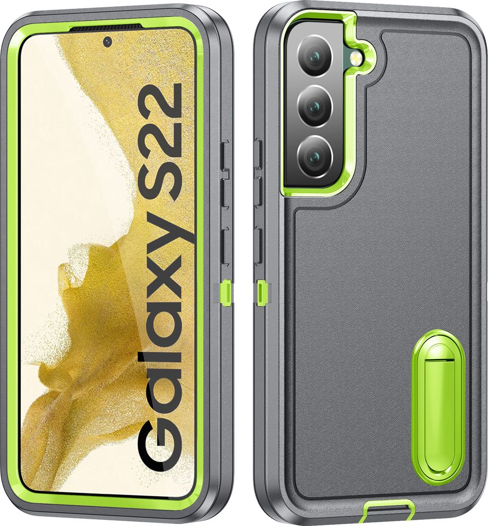 Hülle für Samsung Galaxy S22 5G Hybrid Dreilagige Robust Stoßfest Schwerlast Schutzhülle mit Ständer Grau