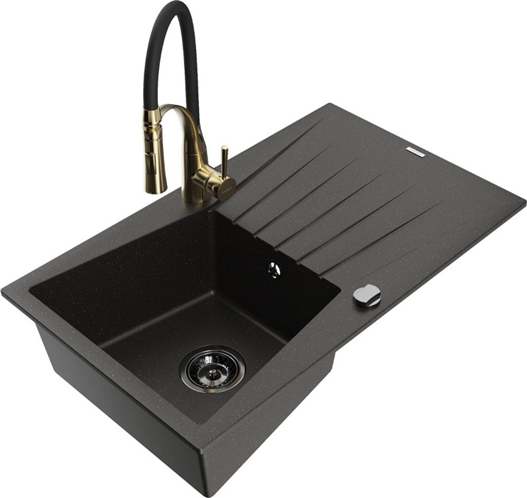 Mexen Cesar 1 Becken-Granitspüle mit Abtropffläche und Mischbatterie Aster, Schwarz/Gold metallisch - 6514-75-73450-57-B