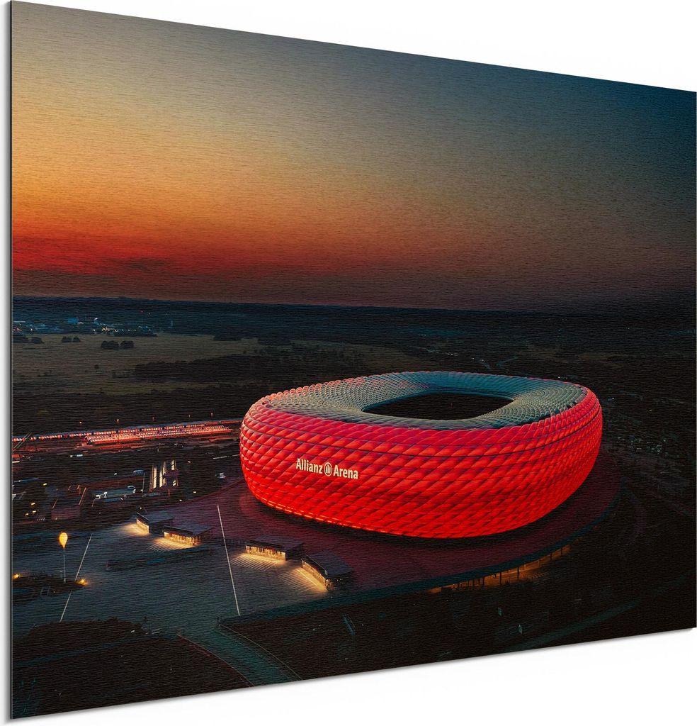 DEQORI Alu-Dibond Bild Gold 60x40 cm 'Allianz Arena, München' Wandbild Metall dünn Design